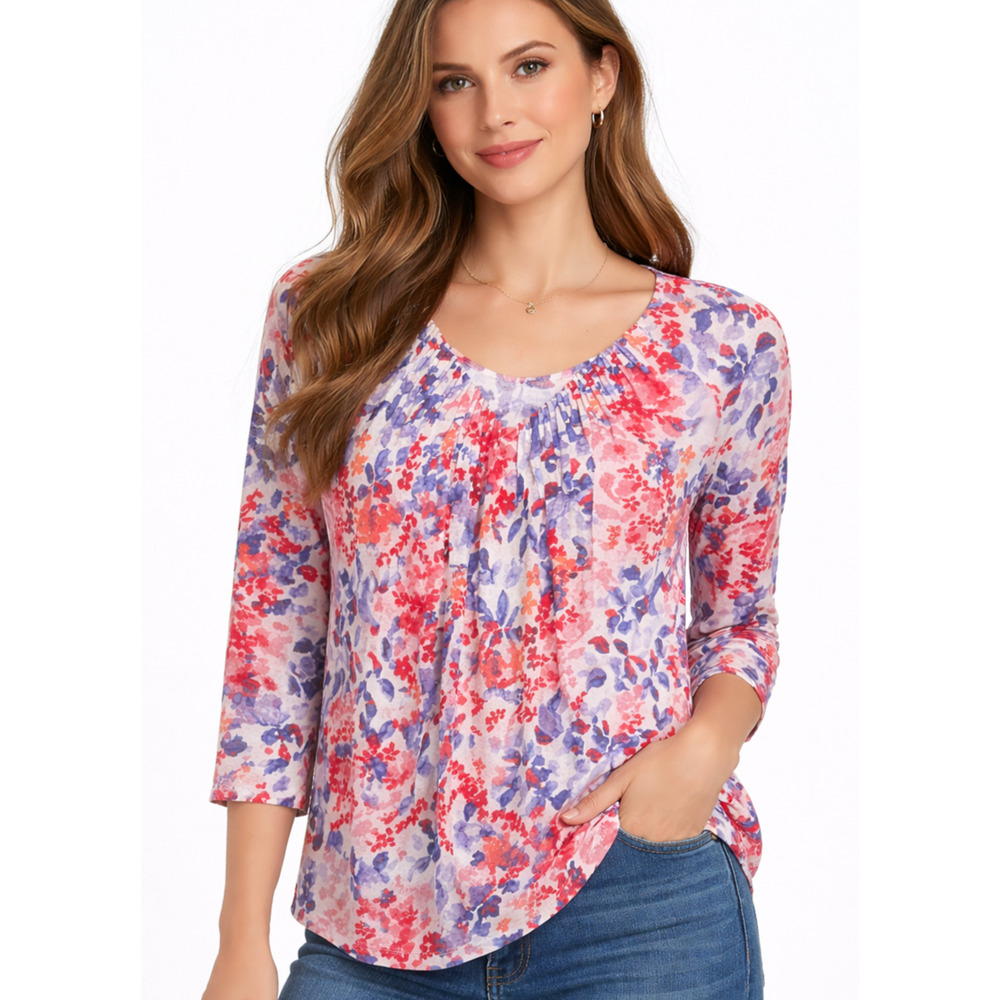 Lucky Brand Women’s Large Floral Blouse Pink Purple Boho V-Neck 3/4 Sleeve Linen